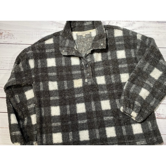 Loft Women Sherpa Plaid Black & White LS Jacket Snap Collar Size Large Pull Over - Picture 3 of 9